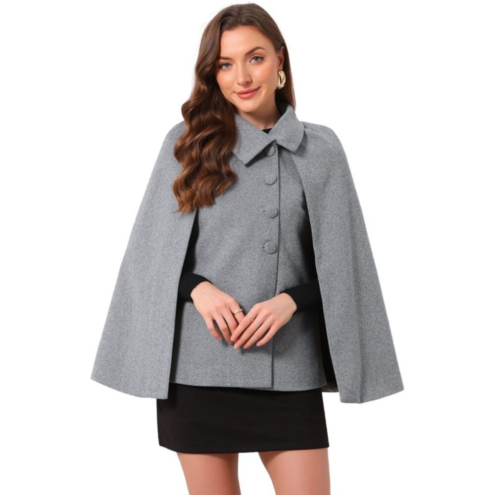 Womens Vintage Cape Coat Slit Sleeve Elegant Cloak Fall Pea Coats Black